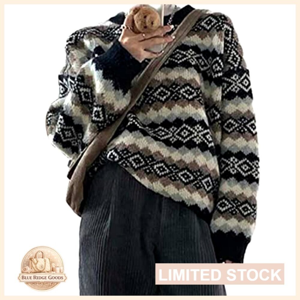 Argyle Print Pullover Sweater Crewneck Knitted Fabric Vintage Aesthetic